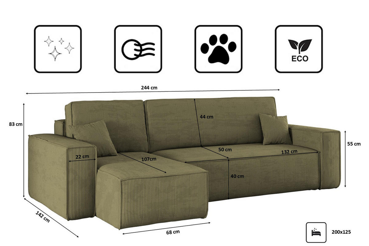 ECKSOFA Mit Schlaffunktion Und Bettkasten BEST Stoff Poso Dicker Cord Olive Links - Olivgrün, Holz/Textil (142/244cm) - Kaiser Möbel