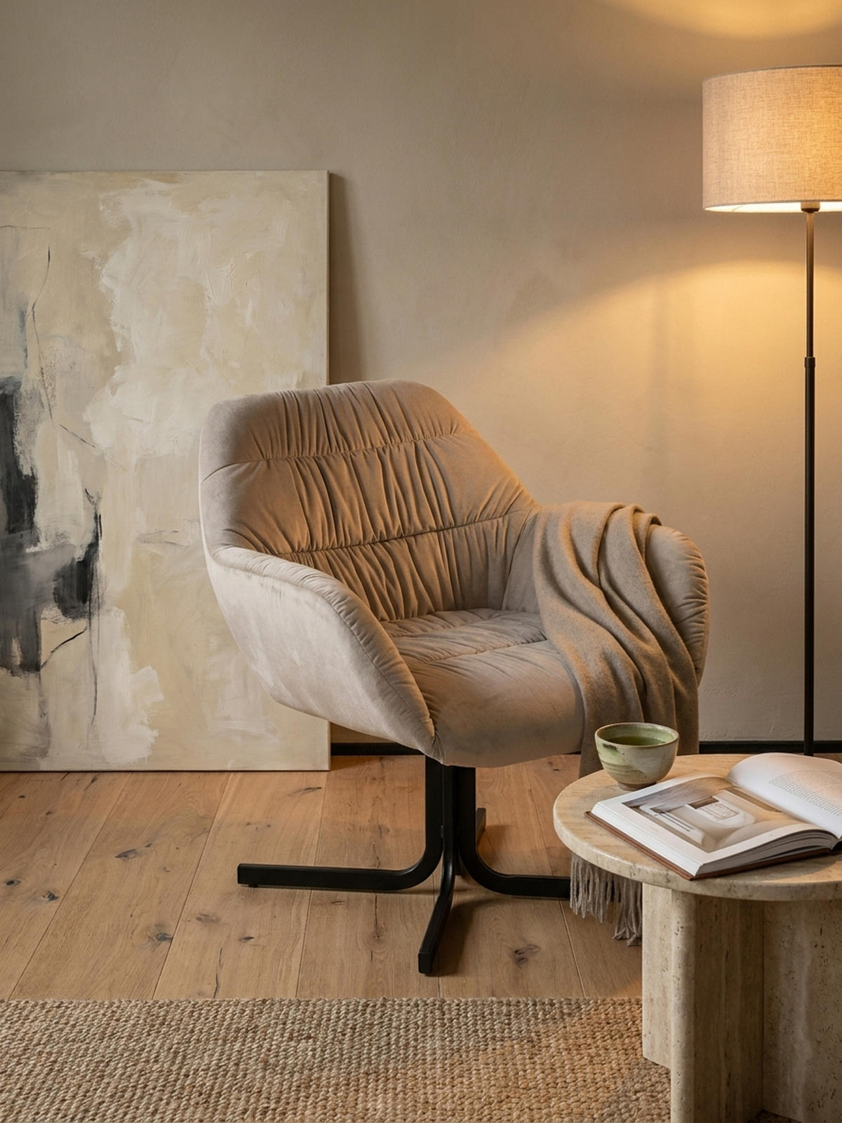 LOUNGESESSEL Samt mit Armlehnen und Metallgestell, gepolsterter Schalensitz, Beige 64x68x74 cm - Beige/Schwarz, Textil/Metall (64/74/68cm) - KADIMA DESIGN