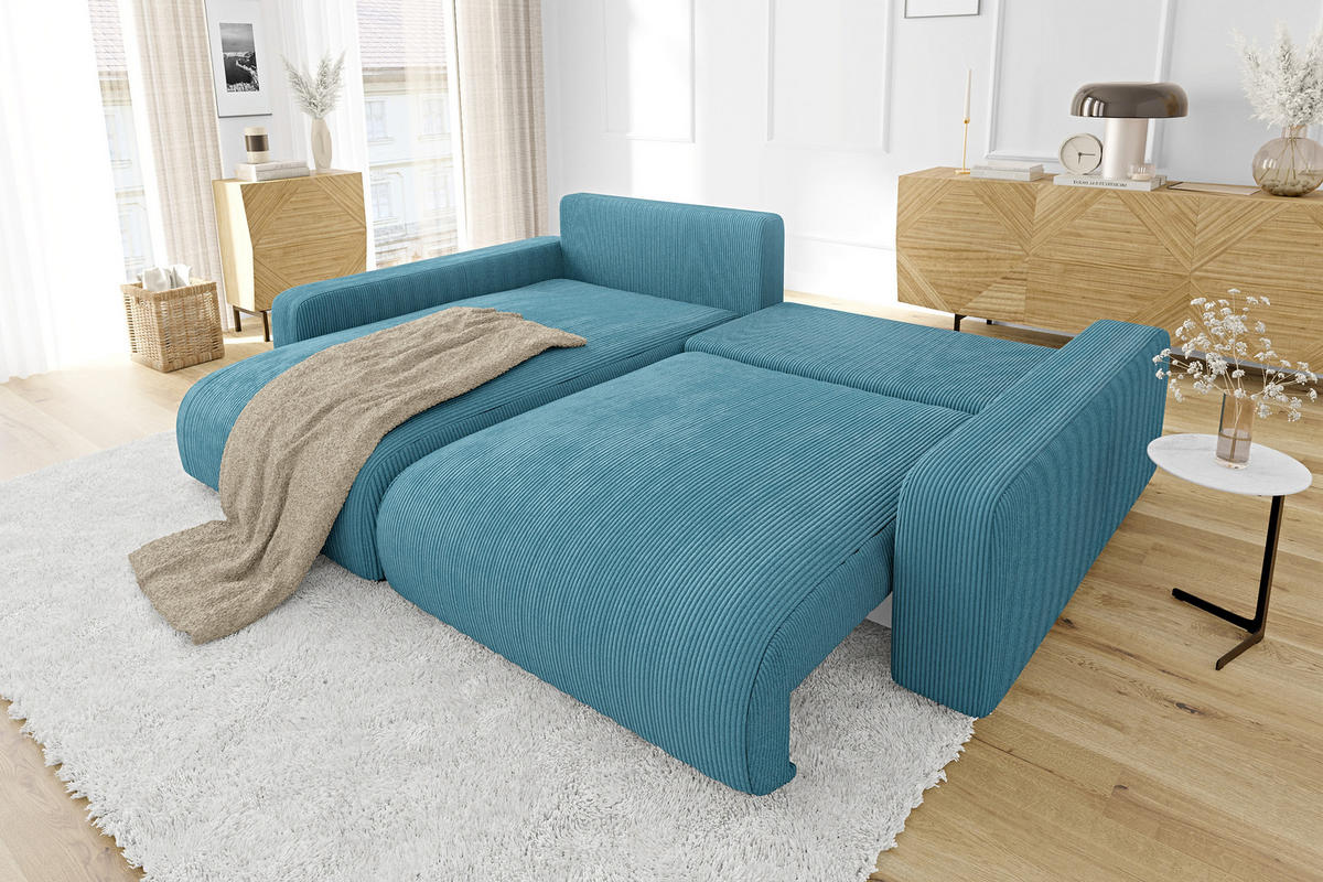 ECKSOFA Emma Türkis Cord - Ottomane links - Türkis, Textil (234/170cm) - S-Style Möbel