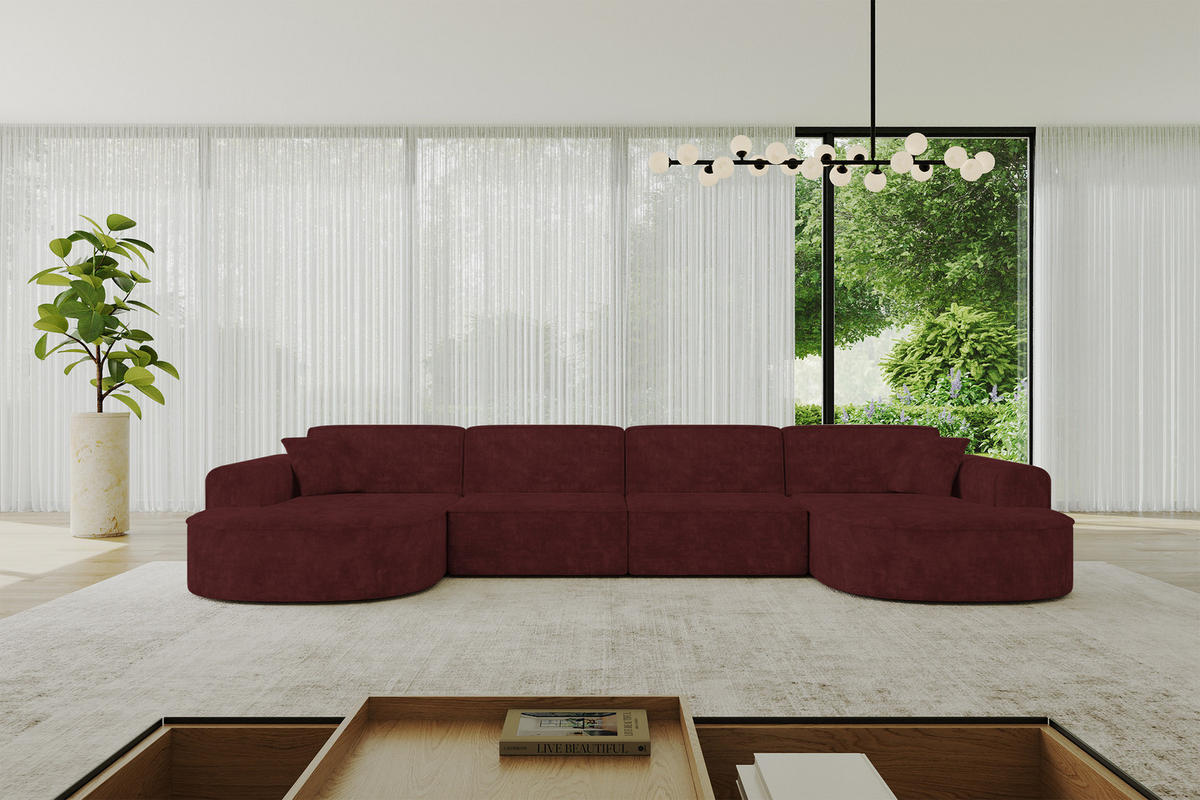 WOHNLANDSCHAFT MARI-U2 - 388x171x79 cm Bordeaux Velours - Bordeaux/Schwarz, Holzwerkstoff/Kunststoff (388/79/171cm) - ALTDECOR