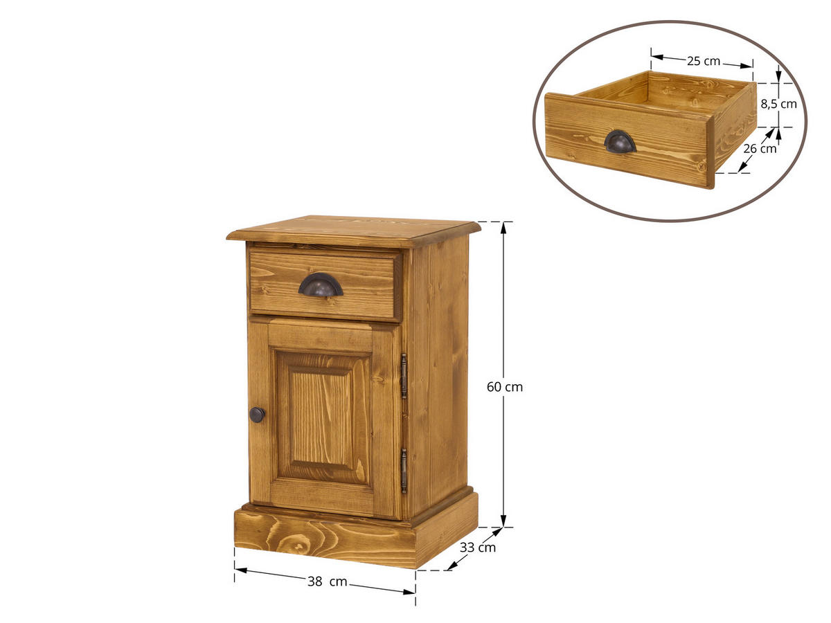 NACHTTISCH aus Massivholz CHARLOTTE Scharnier Rechts - Hellbraun, Holz (38/60/33cm) - Seart