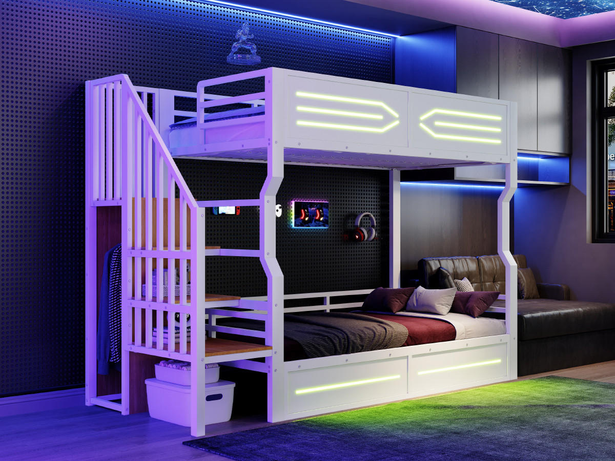 MULTIFUNKTIONSBETT mit LED und Stauraumtreppe 90x200 cm Metall/MDF Weiß - Weiß, Metall (90/200cm) - Meubliv