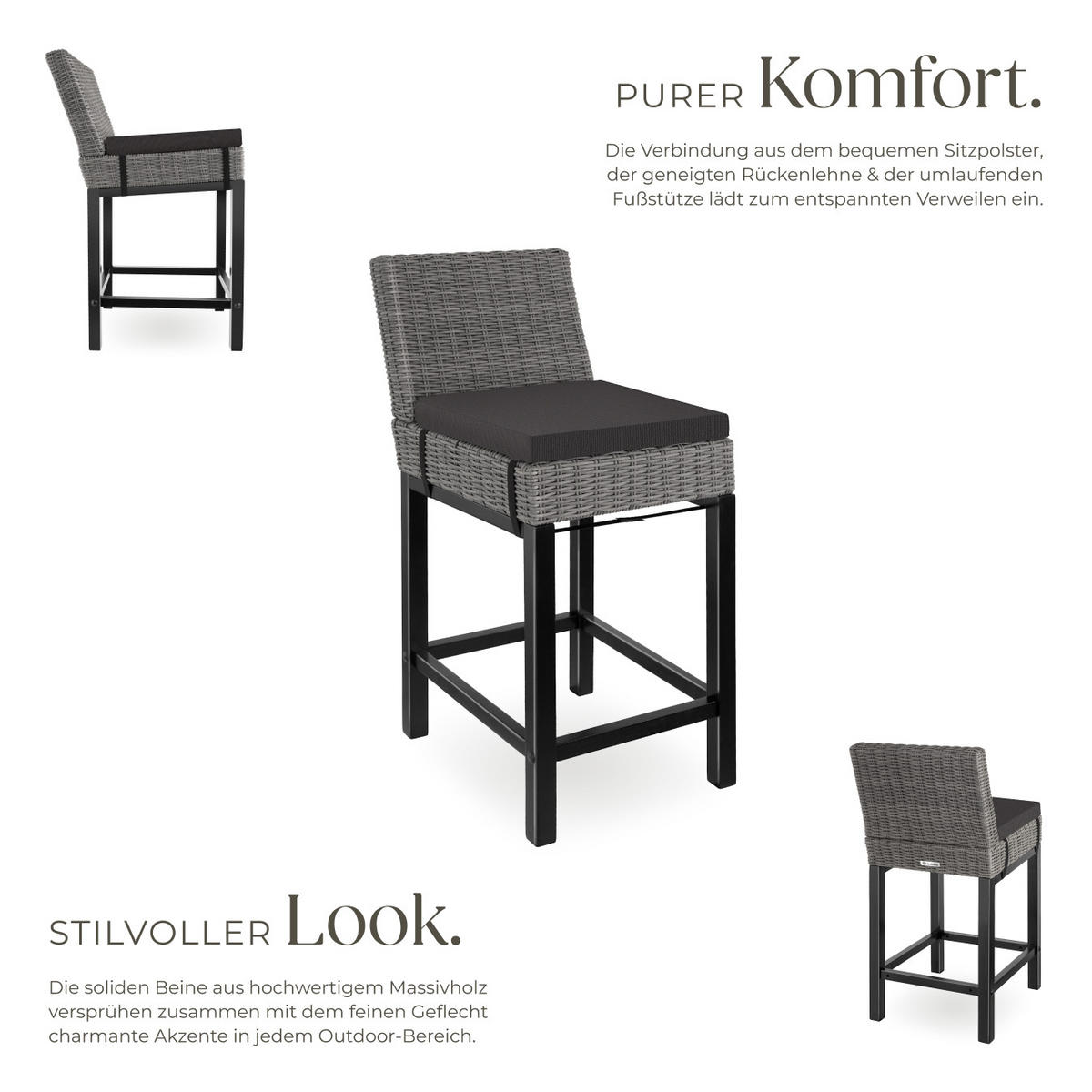 RATTAN-BARSTUHL Latina,inklusive Sitzpolster, 45 x 62,5 x 99 cm,grau - Grau, Kunststoff (45/99/62.5cm) - tectake