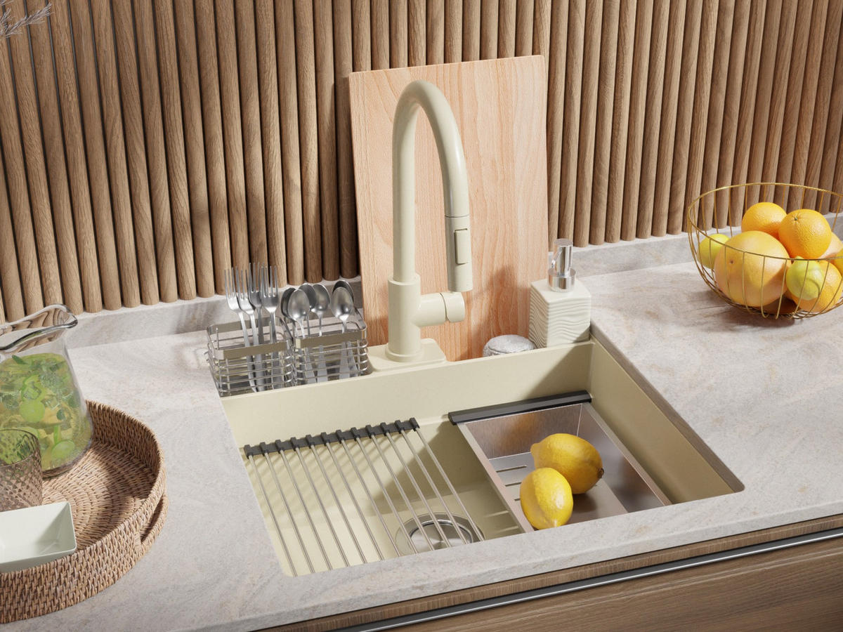 UNTERBAUSPÜLE GRANIT Bergen Pocket, 2-er set Beige 56/54 cm 1 Becken + Küchenarmatur 38/14 cm + Ablauf-Set + Küchenzubehörset ab 60er Unterschrank - Chromfarben/Beige, Kunststoff (56/20/54cm) - Primagran