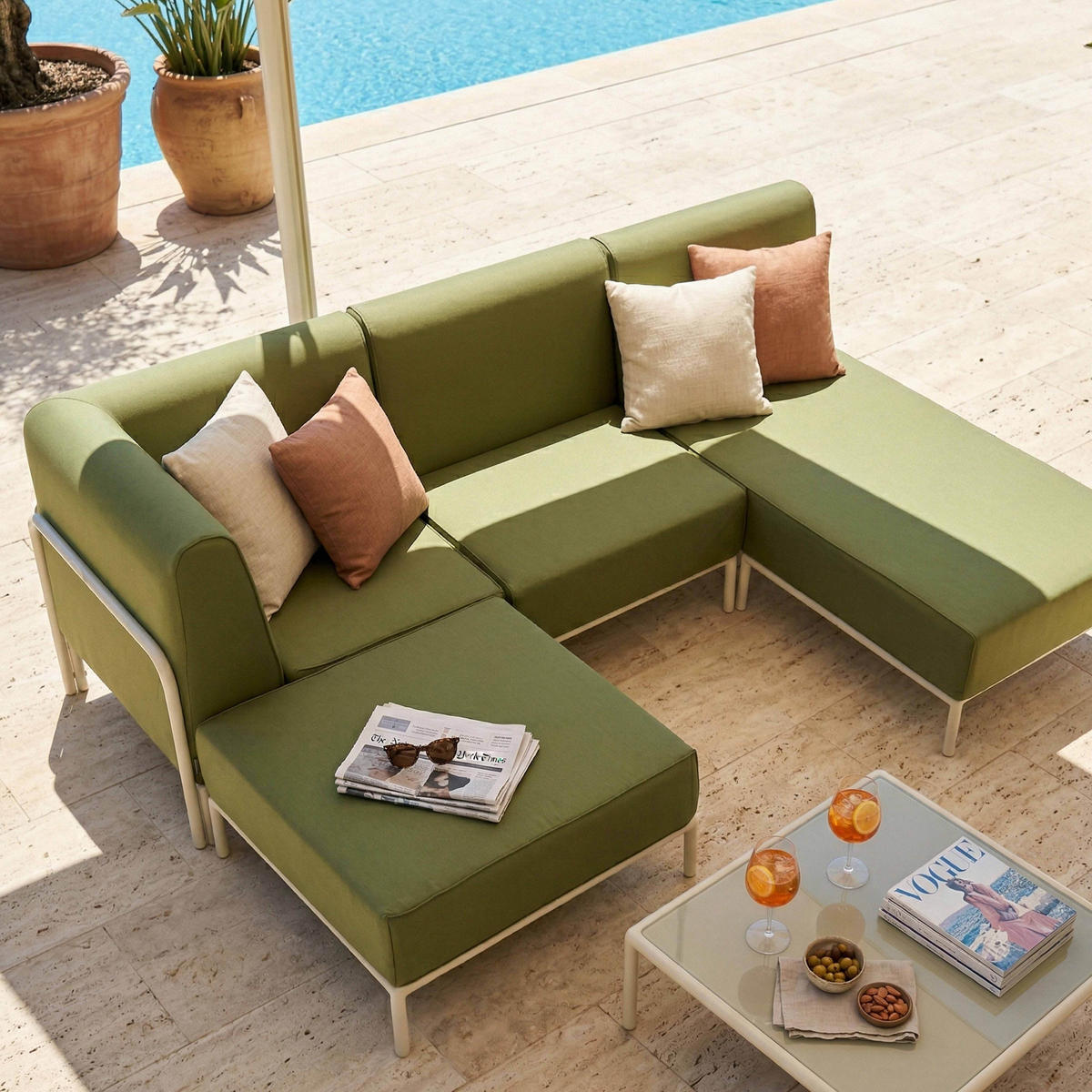 GARTENSOFA mit 4 Sitzplätzen, Khakigrün - Grün, Textil (153/78/272cm) - Oviala