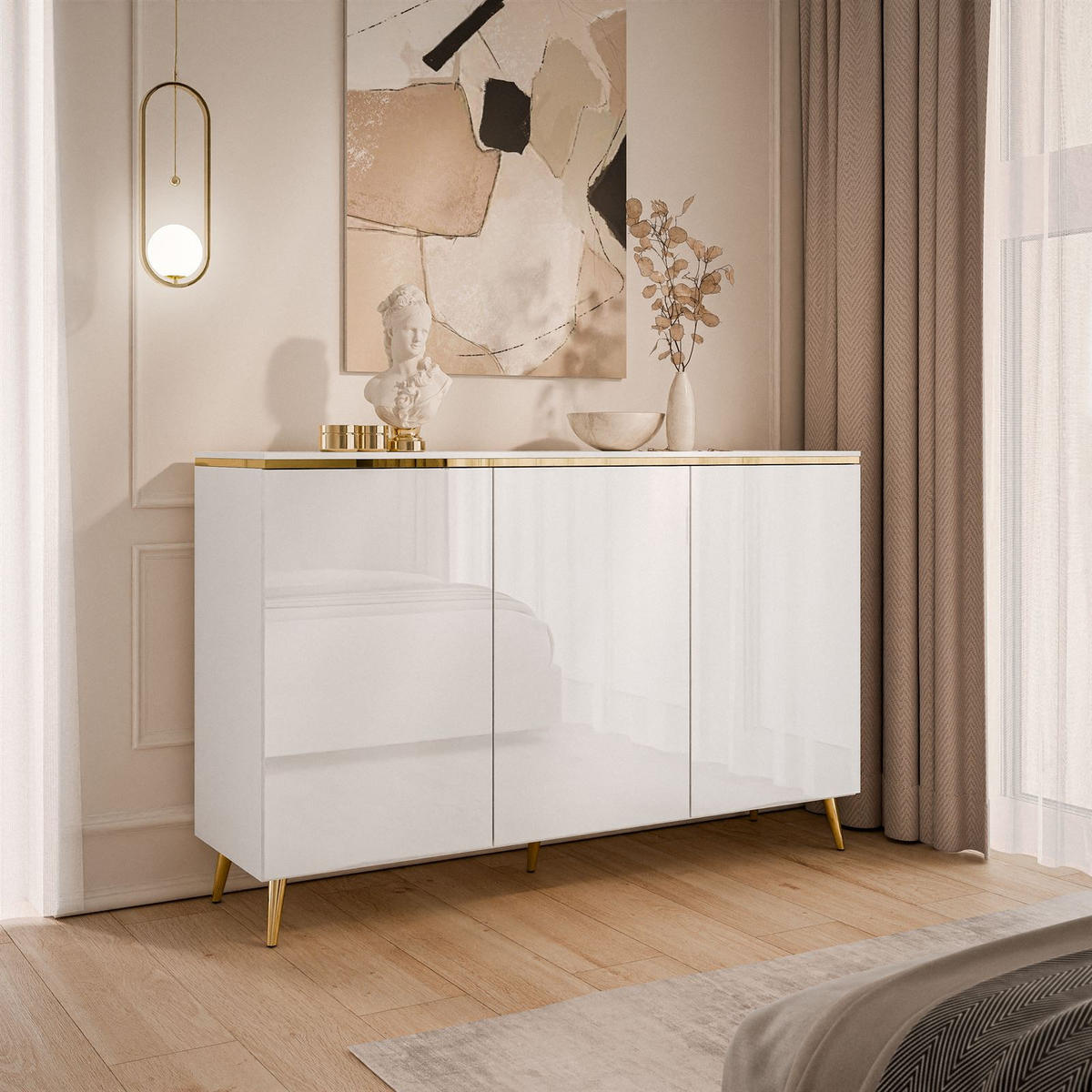 KOMMODE AURORA 3D Weiß / Weiß hochglanz mit schräge Goldchrom Fuße - Weiß Hochglanz/Goldfarben, Holzwerkstoff/Metall (140/90/40cm) - Lookway