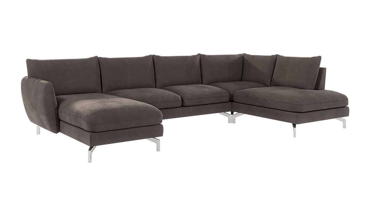 WOHNLANDSCHAFT Elou Khaki Luxusmicrofaser - Chromfarben/Dunkelbraun, Textil/Metall (336/87/200cm) - S-Style Möbel