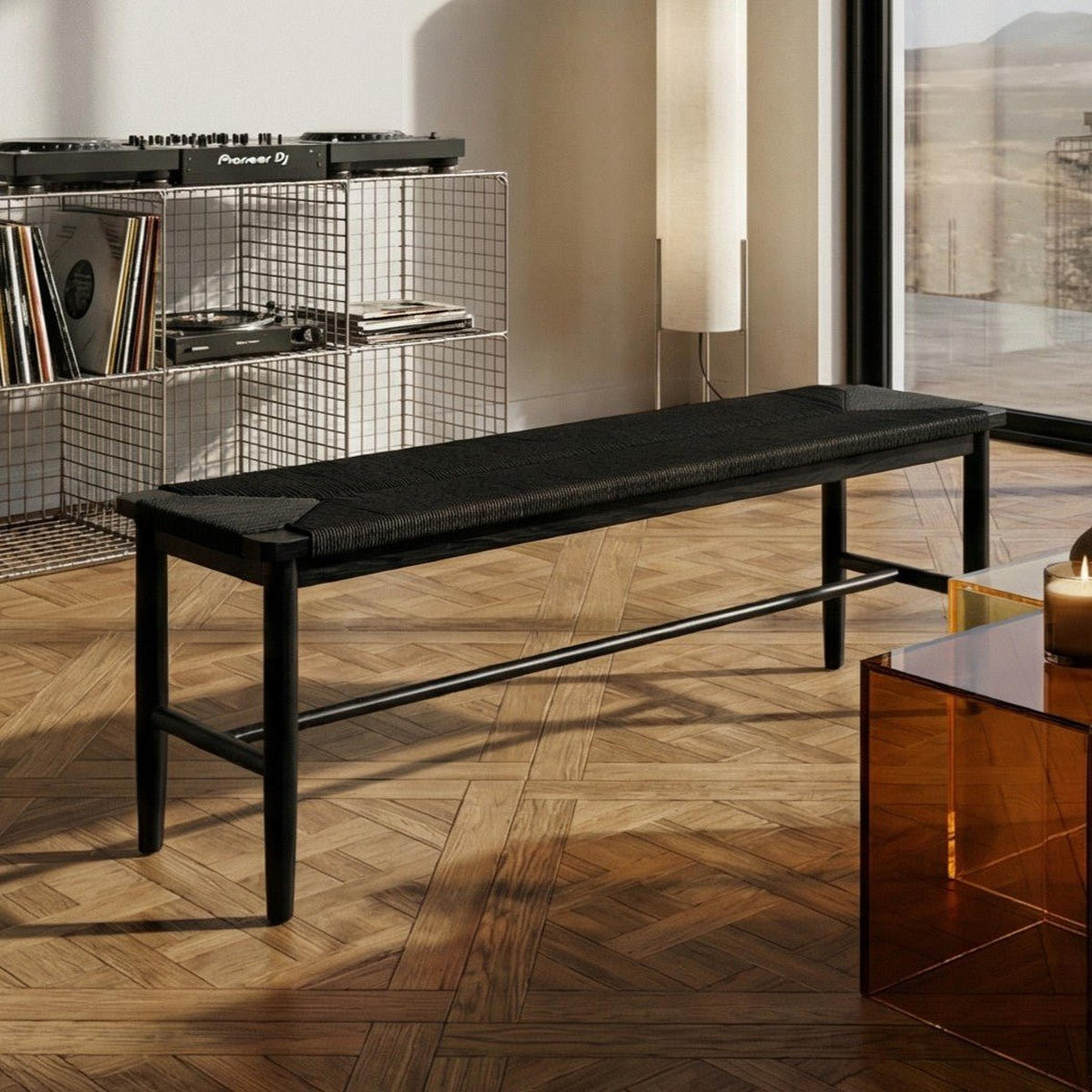 SITZBANK 110/35/47 cm Rattan / Eiche Schwarz - Schwarz, Holz/Papier (110/47/35cm) - Furnhouse