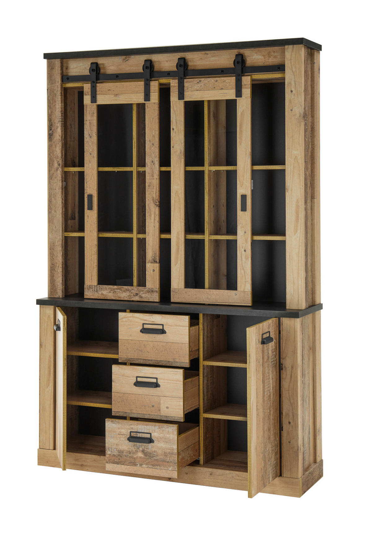 BUFFETSCHRANK Used Wood hell, anthrazit, Vitrinenschrank 133 x 201 cm - Eichefarben/Anthrazit, Holzwerkstoff/Metall (133/201/37cm) - Furn.Design