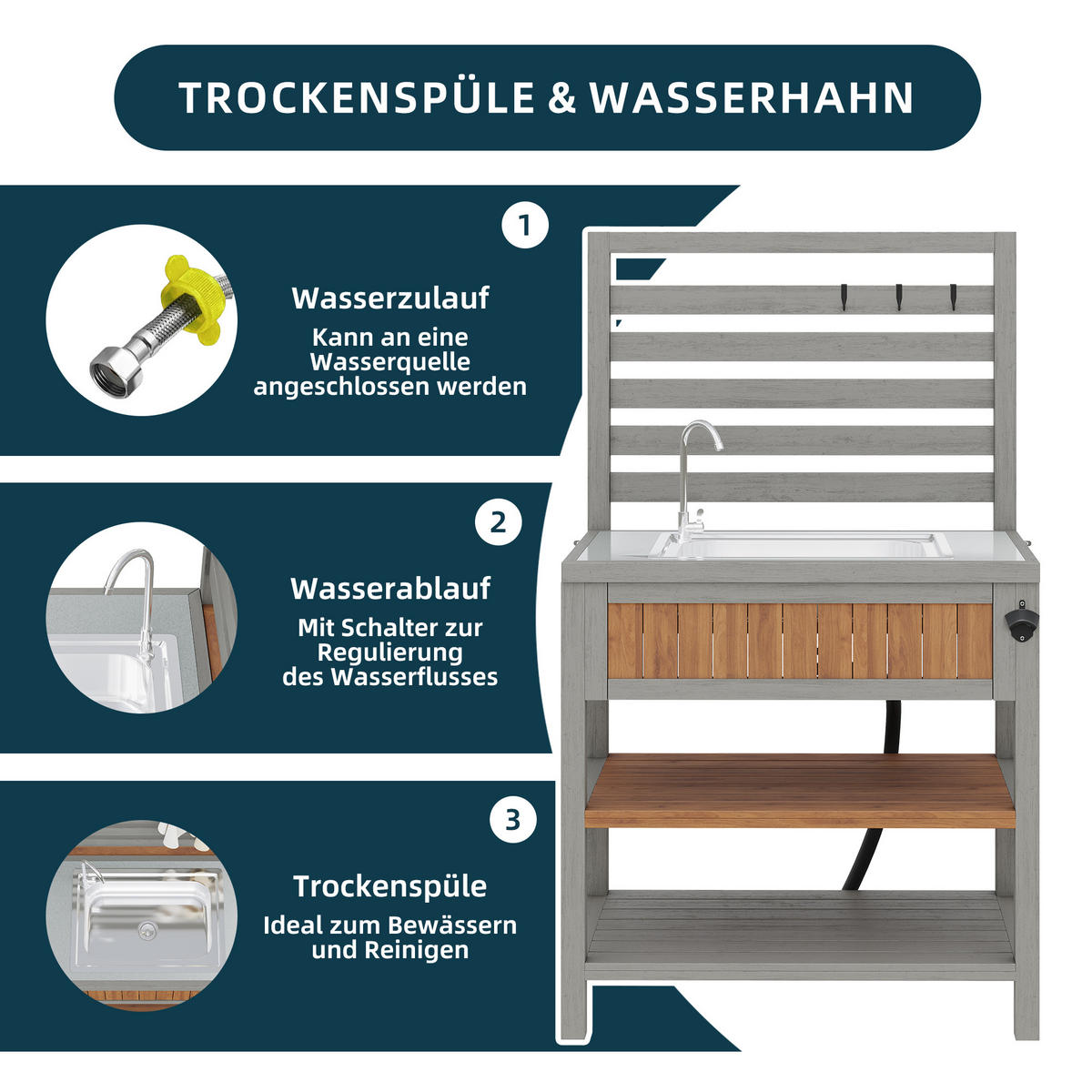 GARTENSCHRANK Outdoor Wasserhahn Flaschenöffner Arbeitsfläche - Naturfarben, Holz (51/141/80cm) - FLIEKS