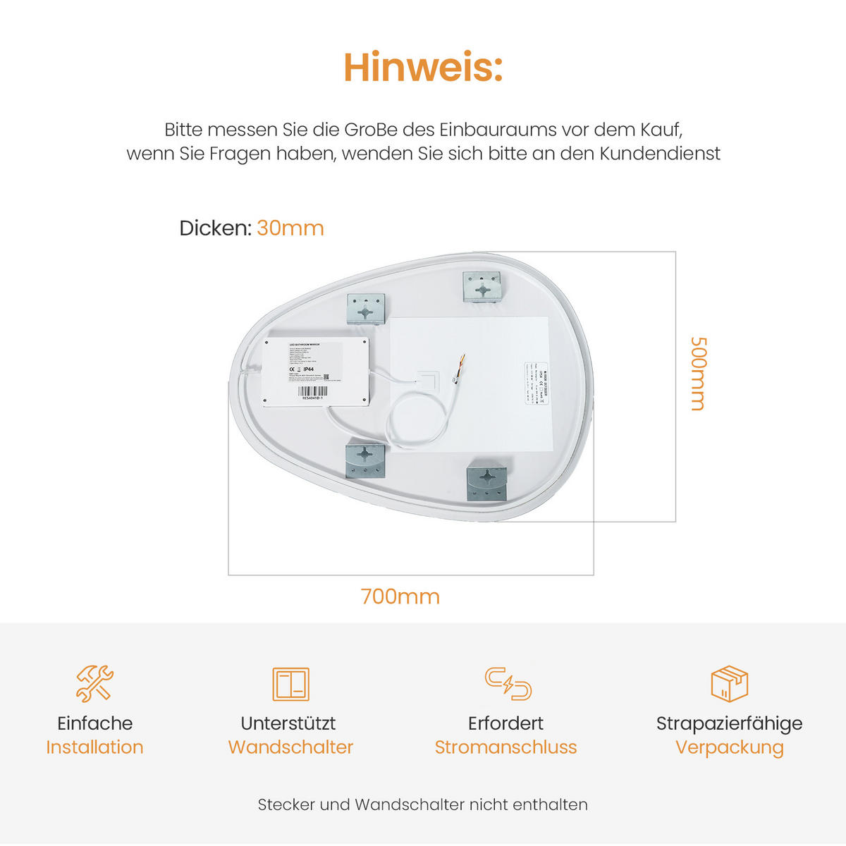 BADSPIEGEL mit Touch-Schalter, Dimmbar 70/50/3 cm - Weiß, Glas (50/2.9/70cm) - EMKE