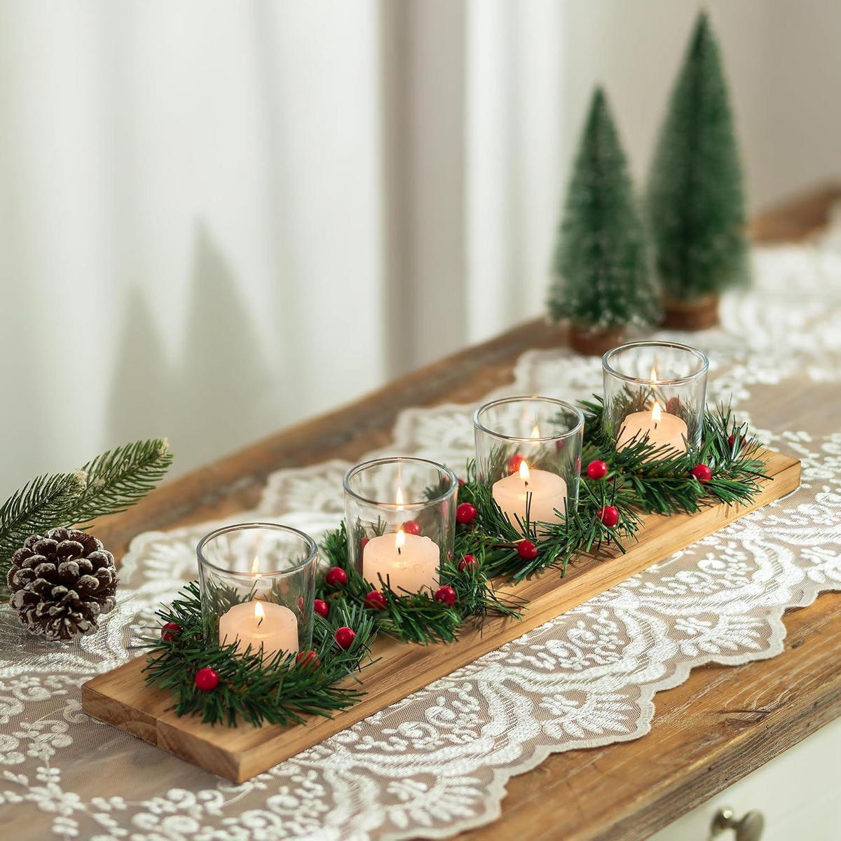 ADVENTSKRANZ Länglich Holz mit 4 Kerzenhaltern 42 cm - Braun, Holz (10.5/9/41.5cm)