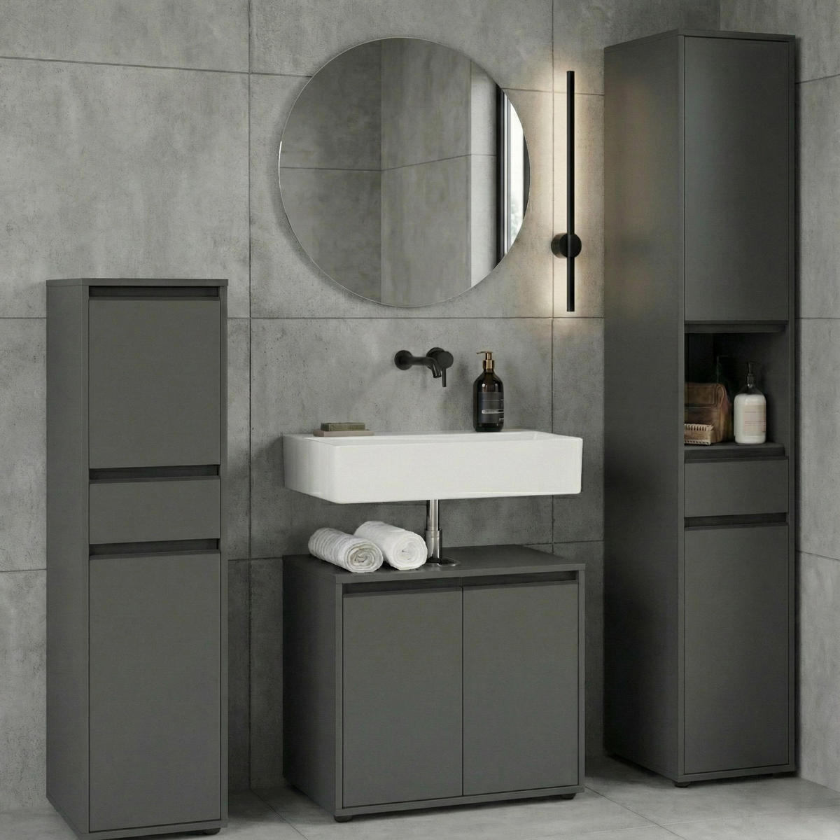 BADMÖBEL-SET HAMBURG 4-teilig | Runder Spiegel, Hochschrank, Unterschrank, Midischrank | Soft-Close & Matt | Steingrau - Grau, Holzwerkstoff (129/181/34cm) - KADIMA DESIGN