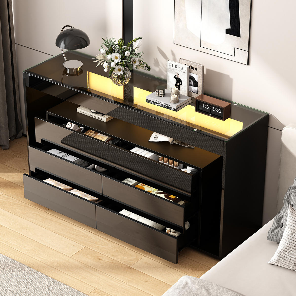 SIDEBOARD mit 6 Schubladen und LED Schwarz - Schwarz, Glas/Holzwerkstoff (40/72/140cm) - Urban Meuble