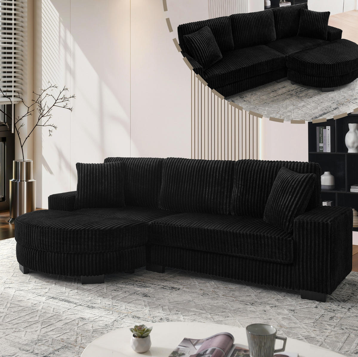 ECKSOFA 256,5/133,5/89 cm schwarz aus Corduroy mit Hocker - Schwarz, Kunststoff (133.5/256.5cm) - OKWISH