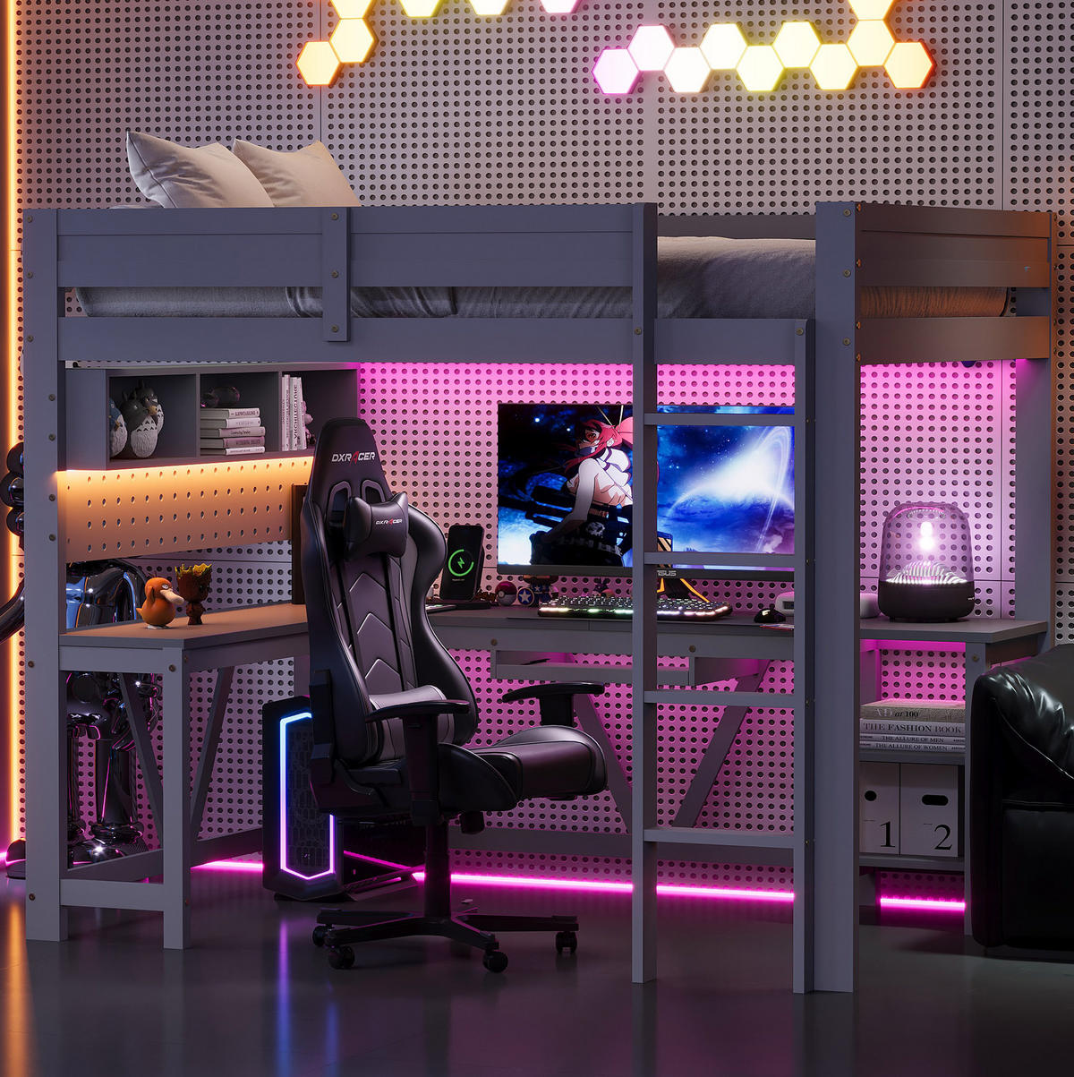 HOCHBETT aus Kiefer und MDF 90x200 cm Grau mit Schreibtisch, LED-Beleuchtung, Stauraum und Ladestation - Grau, Holzwerkstoff (90/200cm) - Modfu