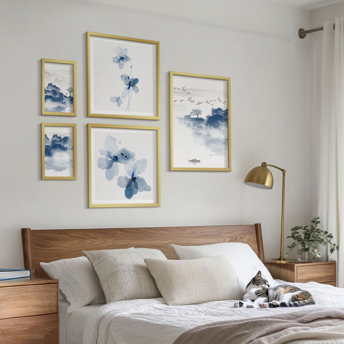 BILDER SET 5er Set - 50x50 cm & 20x30 cm & 40x60 cm Goldrahmen - Berge, Wolken, Bäume, Vögel im Hintergrund - Goldfarben, Kunststoff (40/60cm) - TULUP