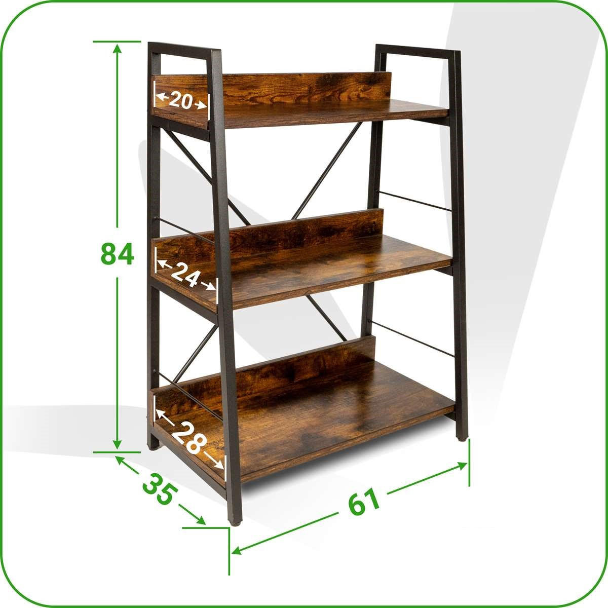 STANDREGAL Holzoptik Metall Dunkelbraun Schwarz 3 Ebenen 61x35x84 cm - Dunkelbraun/Schwarz, Holzwerkstoff/Metall (61/84/35cm) - Begryf