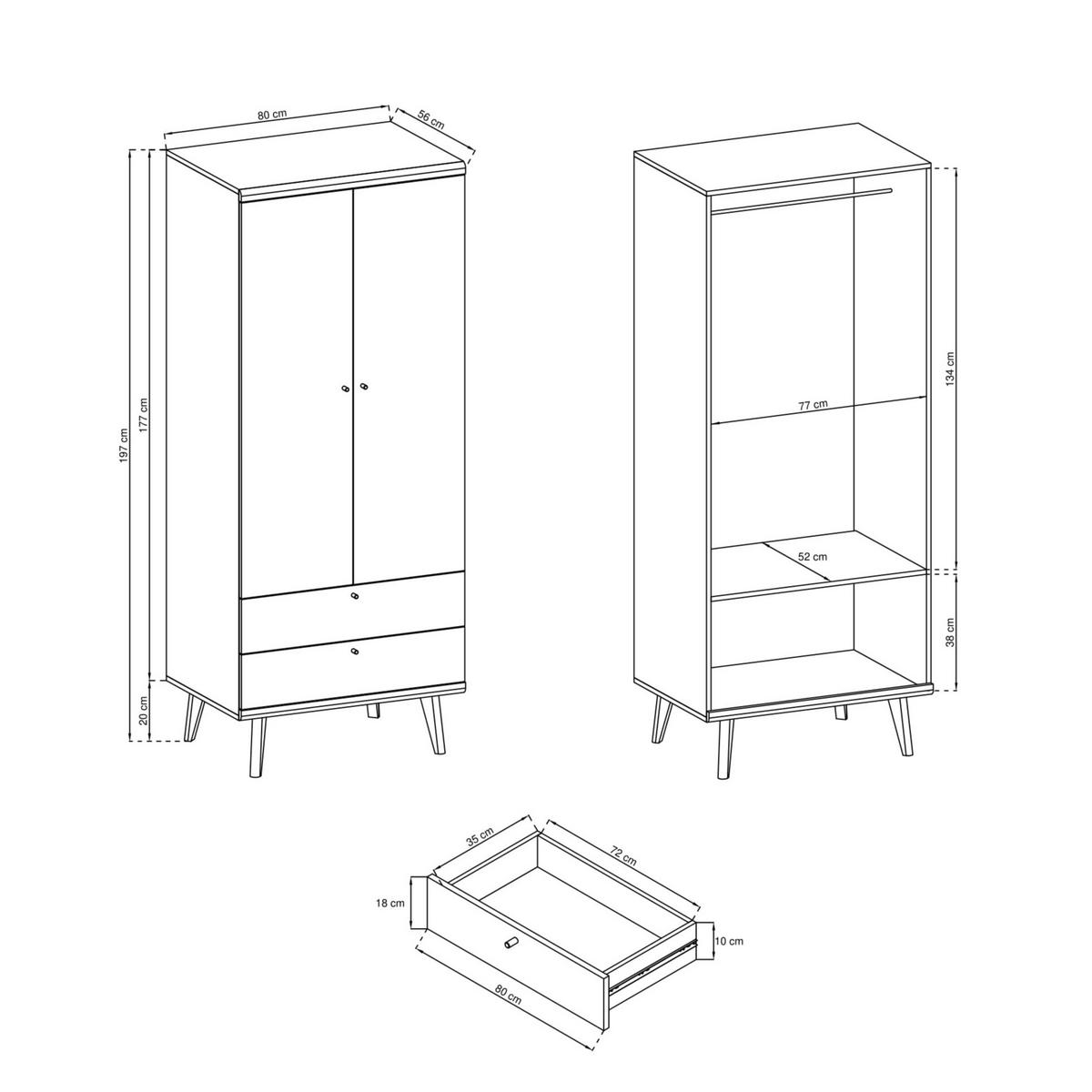 DREHTÜRENSCHRANK PRIMARIO 80/197/56 cm 2-türig Eichefarben - Eichefarben/Weiß, Holzwerkstoff (80/197/56cm) - MASSENO