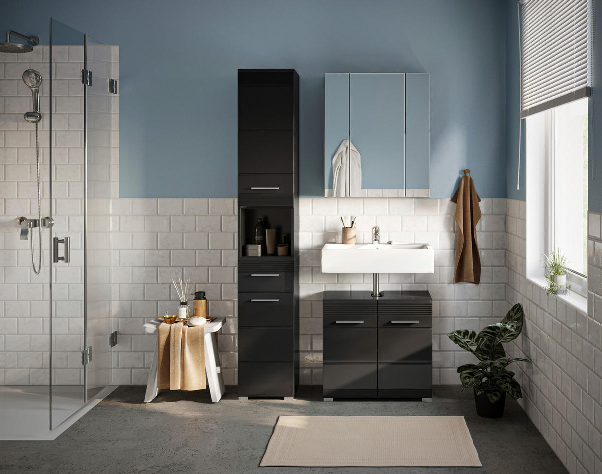 BADKOMBINATION 3tlg. Linus Bad in schwarz Nachbildung und schwarz hochglanz B/H/T: 105x182x34 cm - Schwarz, Holz (105/182/34cm)