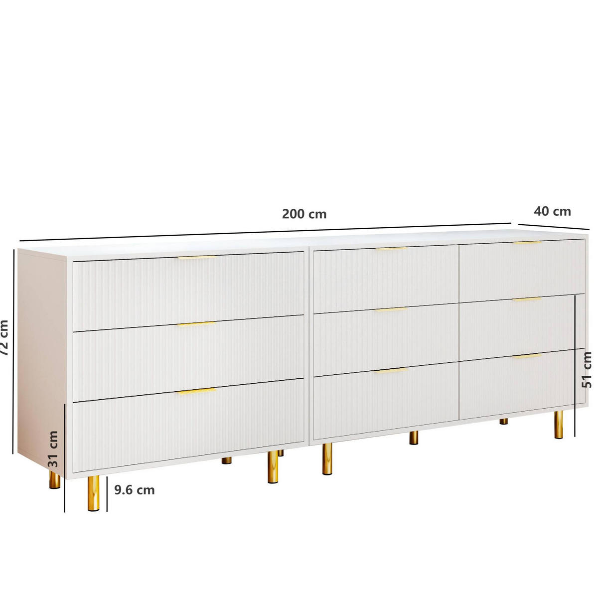 KOMMODEN-SIDEBOARD 200/40/72 cm mit 9 Schubladen in Weiß und Gold - Weiß, Holzwerkstoff (200/72/40cm) - BEAOK