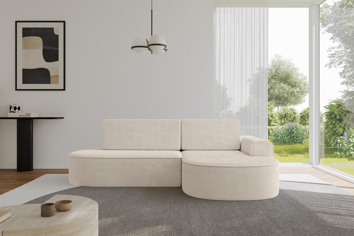 ECKSOFA mit Schlaffunktion und Bettkasten Ottomane Rechts MARI-L1-S - 283x167x85 cm Beige Cord - Cognac/Schwarz, Holzwerkstoff/Kunststoff (167/283cm) - ALTDECOR