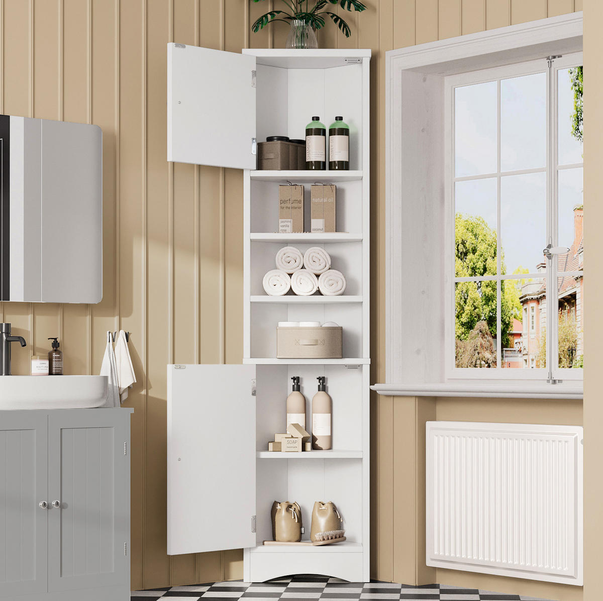 BADEZIMMERSCHRANK 36.5x24.5x170cm in Weiß, feuchtigkeitsbeständig mit 2 Türen - Weiß, Holzwerkstoff (24.5/170/36.5cm) - Modfu