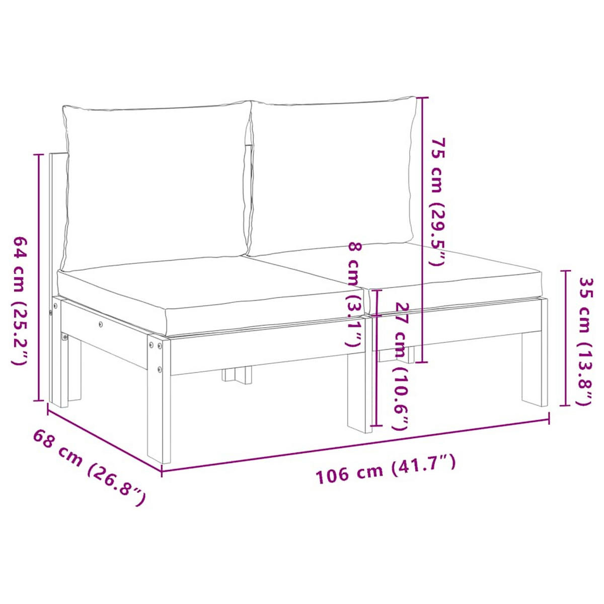 GARTENSOFA Ohne Armlehnen Mit Kissen 2-Sitzer Massivholz Akazie - Dunkelgrau, Holz (68/64/106cm) - vidaXL