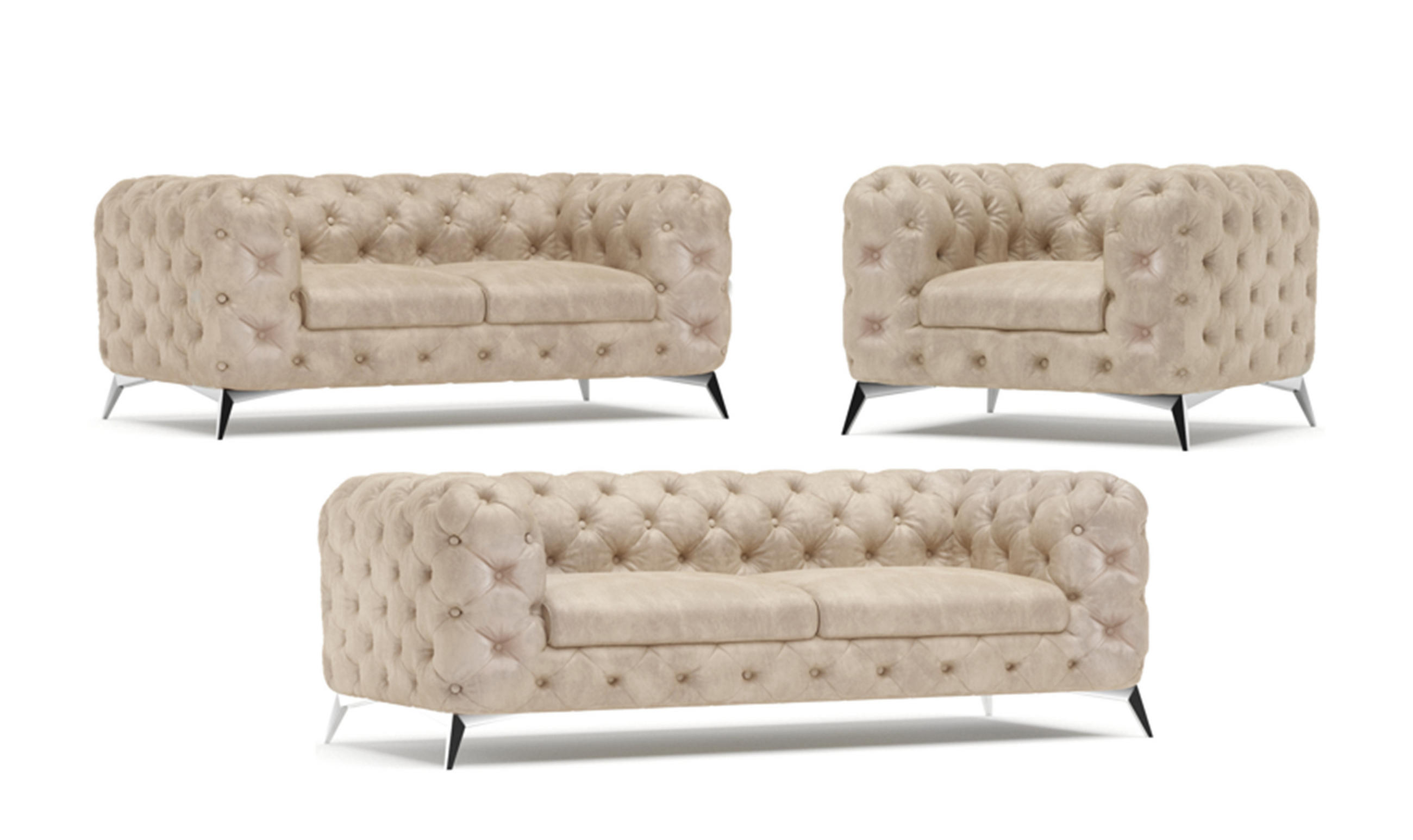 SITZGARNITUR 3+2+1 Chesterfield Quantum Beige Samt - Beige/Silberfarben, Holz/Textil (225/75/100cm) - S-Style Möbel