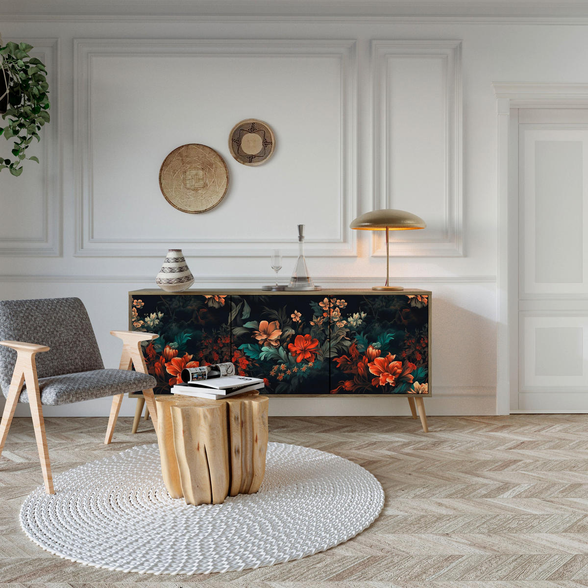 SIDEBOARD IMAGINARY BLOSSOM, Eicheneffekt, 164,5x42x77,5 cm, 3 Türen - Eichefarben/Buchefarben, Holzwerkstoff/Buchenholz (164.5/77.5/42cm) - SpaceRebels