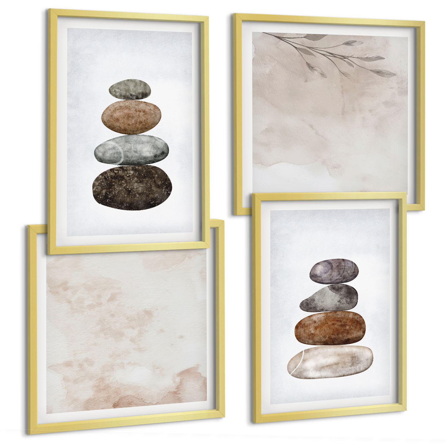 BILDER SET 4er Set - 50x50 cm & 40x60 cm Goldrahmen - Steinstapel-Boho-Malerei - Goldfarben, Kunststoff (50/50cm) - TULUP