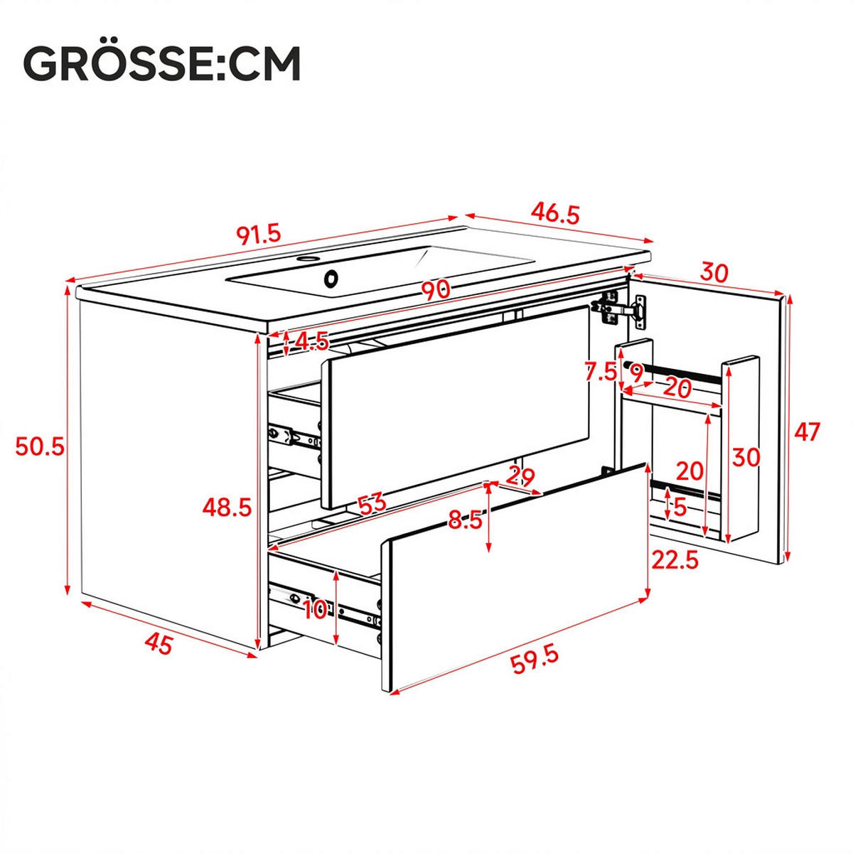 WASCHTISCHKOMBI 91.5/46.5/50.5 cm Weiß mit LED-Radarsensorleuchte und 2 Schubladen, ohne Wasserhahn - Weiß, Holz/Holzwerkstoff (46.5/50.5/91cm) - Oxeza