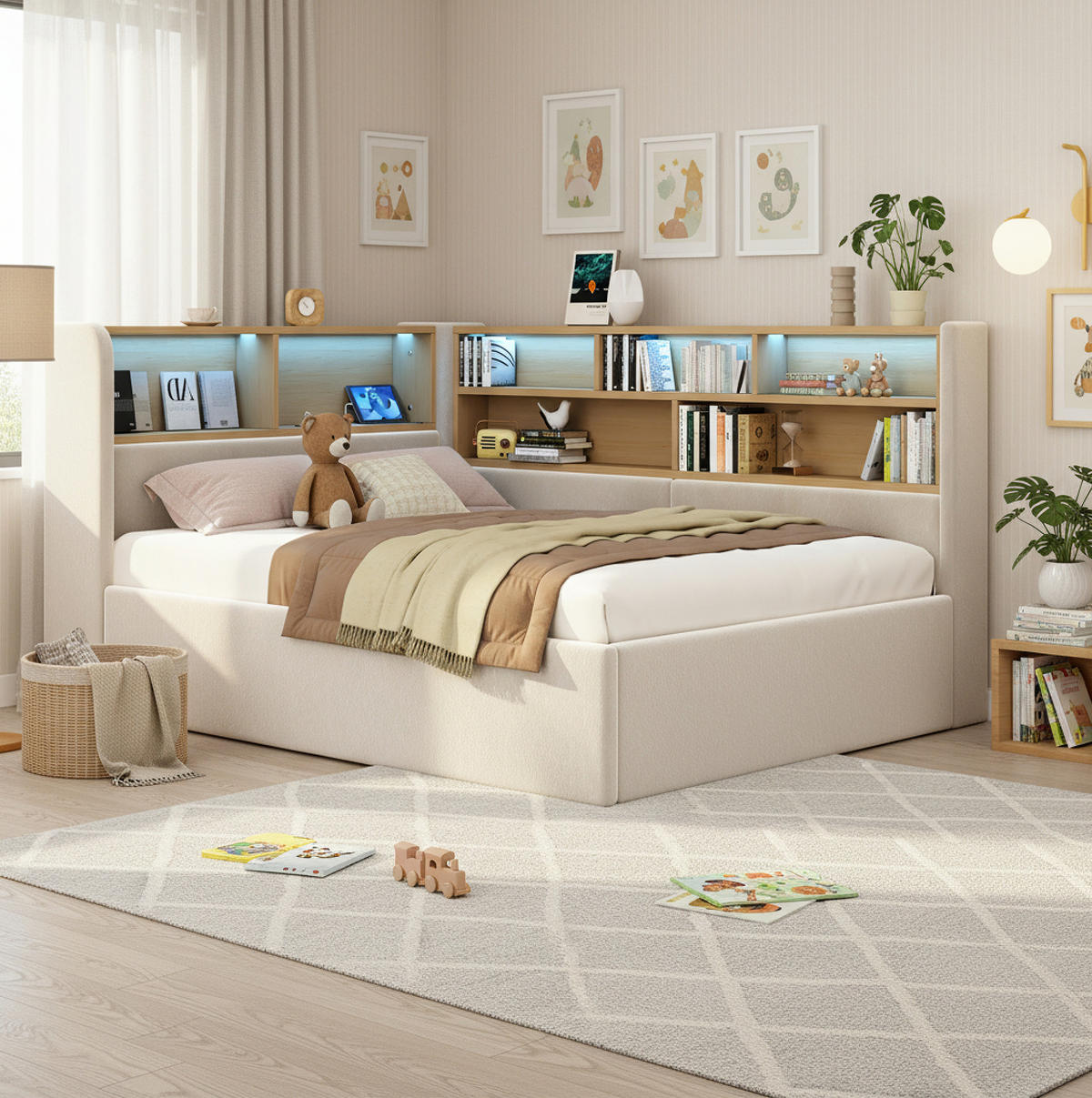 DENNÁ posteľ 90/200 cm béžová zo zamatu s hydraulickým úložným priestorom, LED osvetlením a USB nabíjaním - béžová, textil (90/200cm) - OKWISH
