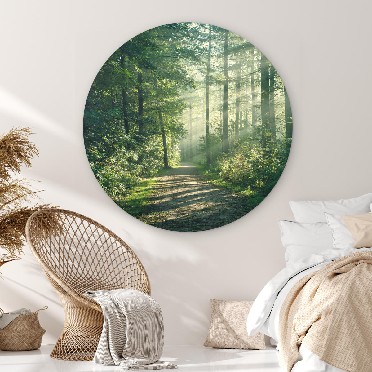 WANDBILD Wald - Weg - Sonne - Bäume - Grün - Natur Deko Groß 150x150 cm - Waldgrün, Kunststoff (150/150cm) - MuchoWow