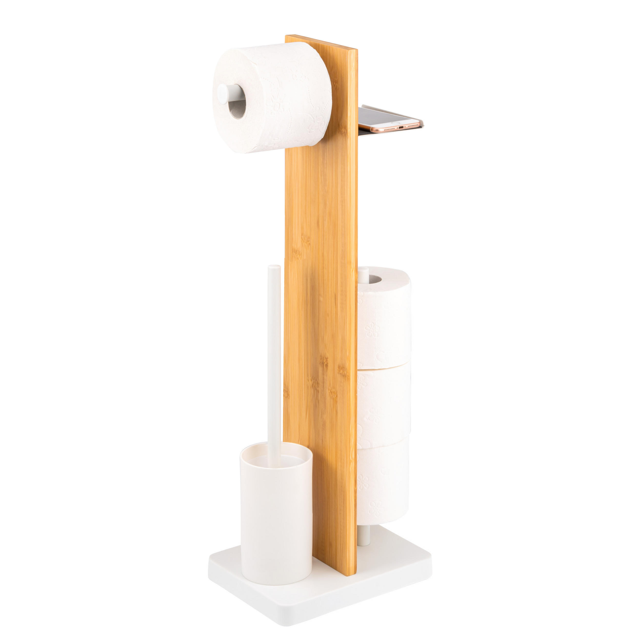 STAND-WC-GARNITUR 4in1, Bambus/Metall weiß - Weiß, Holz (23/68/18cm) - eluno