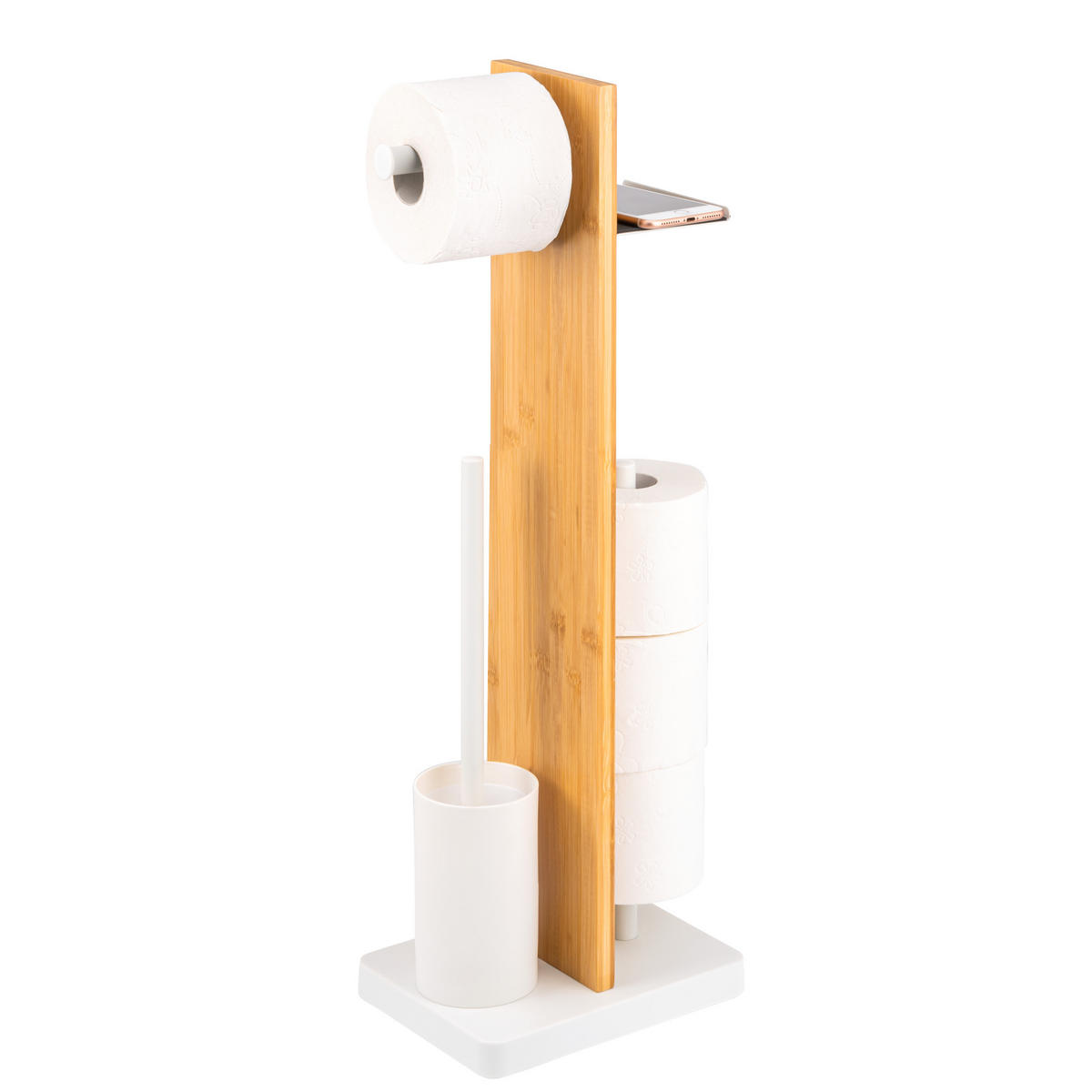 STAND-WC-GARNITUR 4in1, Bambus/Metall weiß - Weiß, Holz (23/68/18cm) - eluno