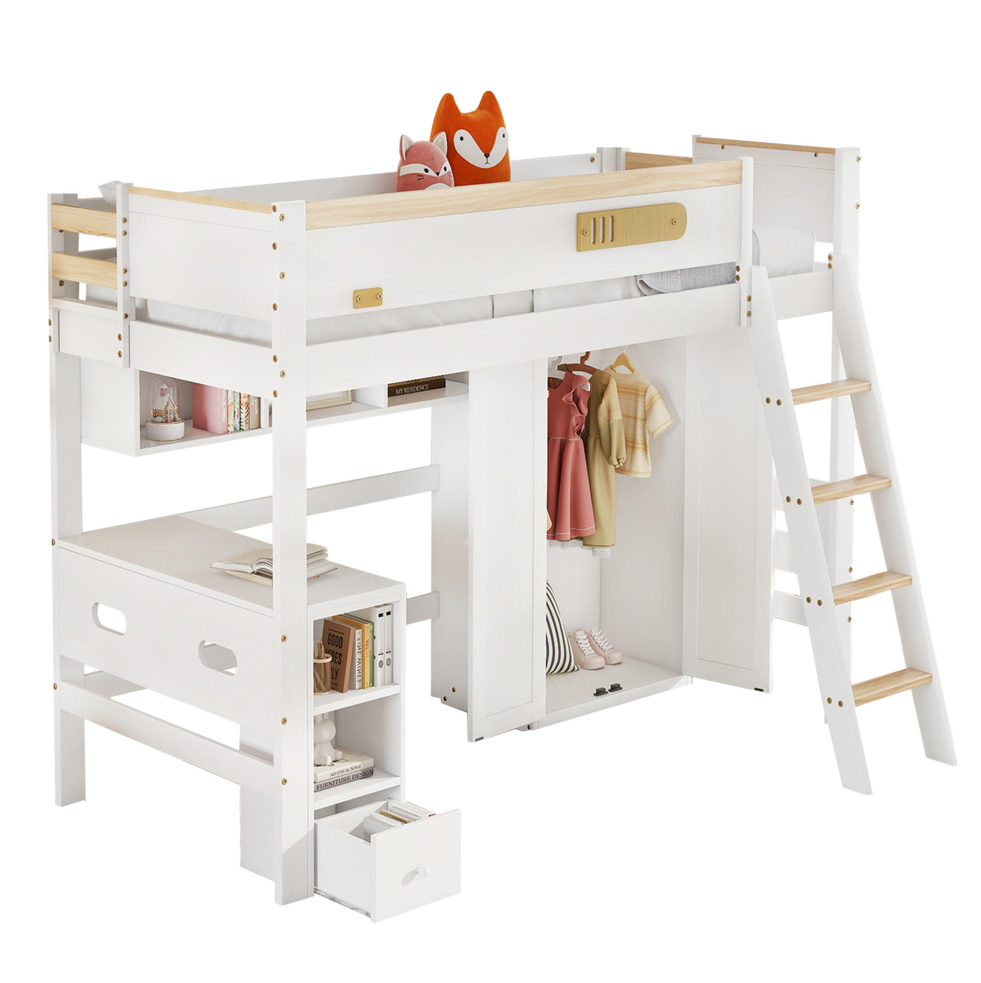 HOCHBETT 90/200 cm mit Tisch und Kleiderschrank in Weiß/Natur - Weiß, Holz (90/200cm) - BEAOK