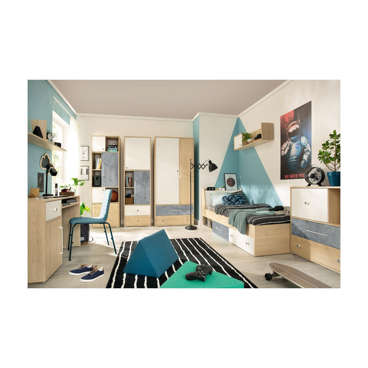 SCHLAFZIMMER Set 8-tlg. – STEP System – Weiß / Sonoma Eiche - Eichefarben, Holzwerkstoff (90/182/50cm) - hi-markt