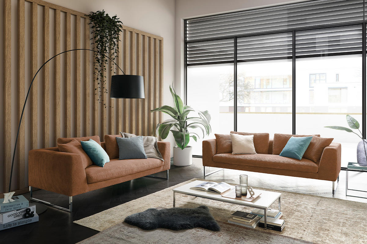 SOFA ARIAN Braun Cord - Silberfarben/Braun, Textil (210/83/98cm) - KAWOLA