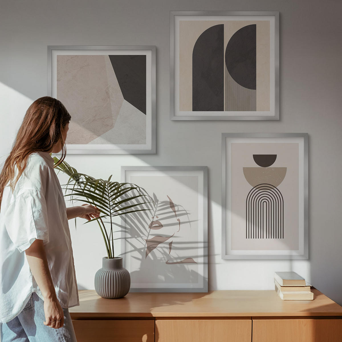 WANDBILDER 4er Set - 50x50 cm & 40x60 cm Silberner Rahmen - Abstrakte weiß-braune Muster - Silberfarben, Kunststoff (50/50cm) - ArtPrintCave