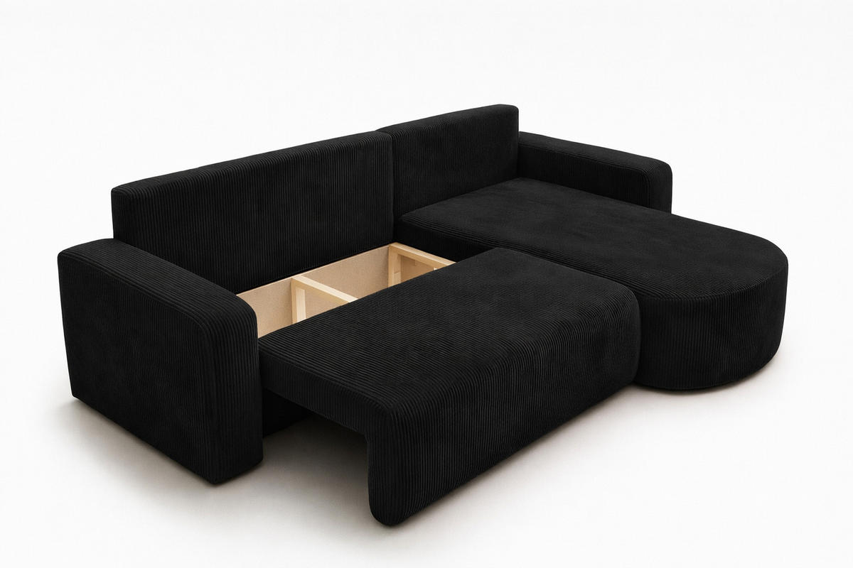ECKSOFA Mit Schlaffunktion, Cordstoff Poso, Schwarz, Rechts, ROUND ONE XL - Schwarz, Holz (271/175cm) - Kaiser Möbel