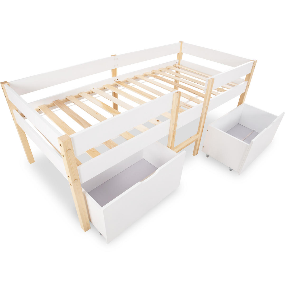 KINDERBETT 90/190 cm weiß Kiefernholz mit Schublade und Rausfallschutz - Weiß, Holz (90/190cm) - OKWISH