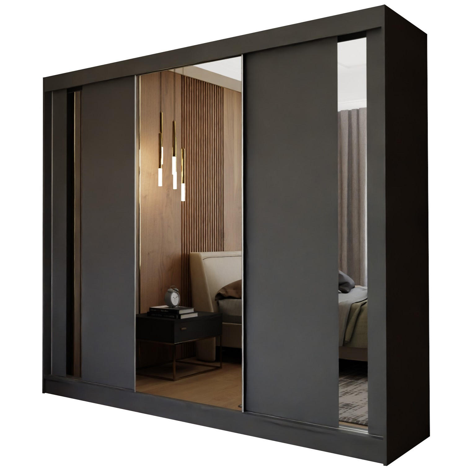 SCHWEBETÜRENSCHRANK GRAZIA 240/216/61 cm 3-türig mit Spiegel Grau - Grau, Holzwerkstoff (240/216/61cm) - MASSENO
