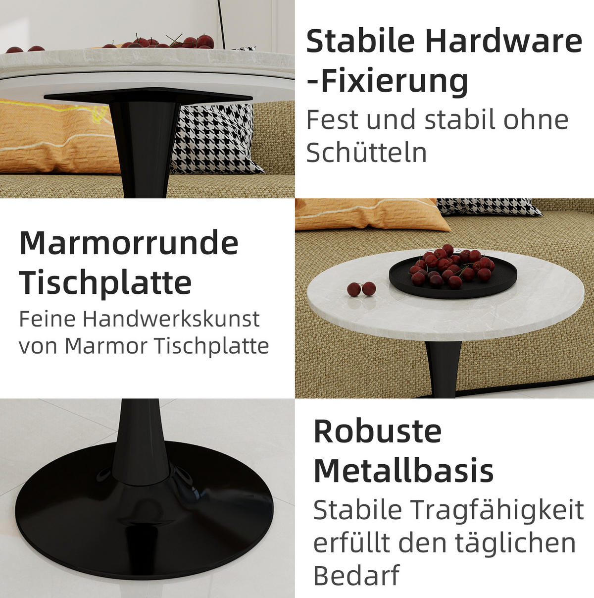 KONFERENČNÍ stolek 70/70/72 cm černo-bílý z umělého mramoru s kulatou deskou - černá, kámen (70/70/72cm) - OKWISH