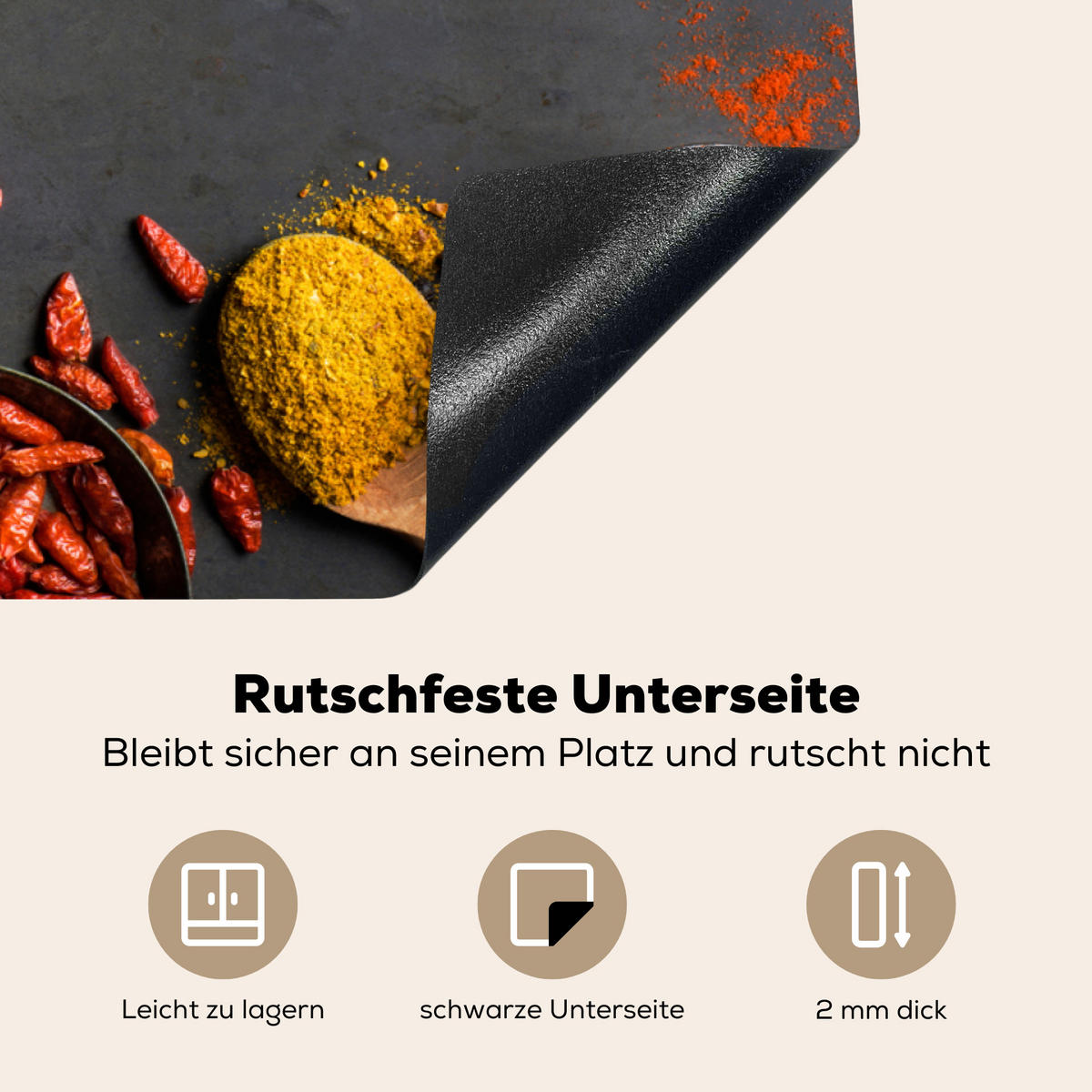 HERDABDECKPLATTE Kräuter - Lebensmittel - Gewürze - Schwarz - Paprika - Zimt Ceranfeldabdeckung 85x52 cm - Currygelb, Kunststoff (85/52/0.2cm) - MuchoWow