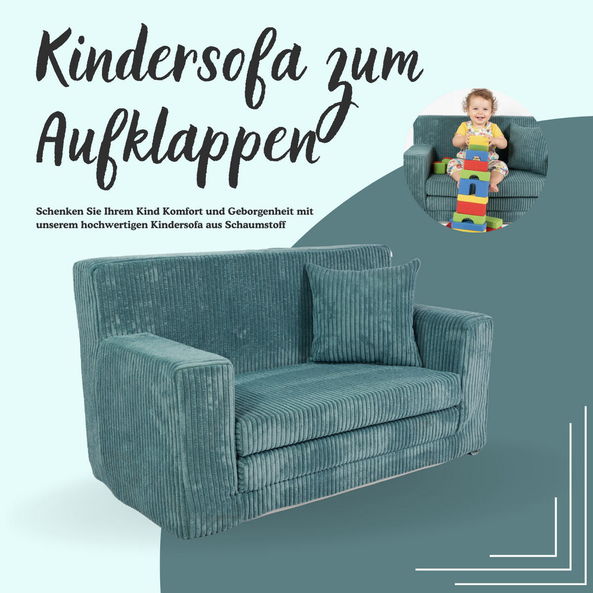 KINDERSOFA aus Kuschel-Cord in Türkis - Türkis, Textil (83/47/43cm) - Fortisline