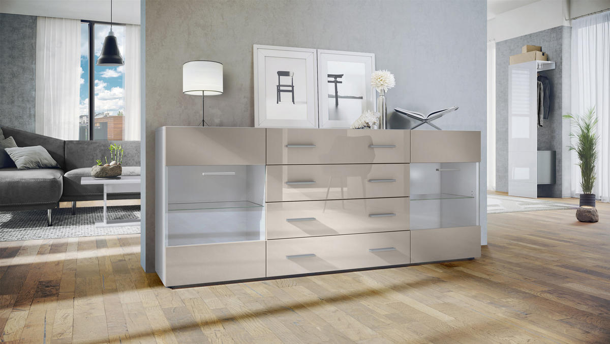 SIDEBOARD Carlos Sandgrau Hochglanz - Sandfarben, Holzwerkstoff (166/72/35cm) - Vladon