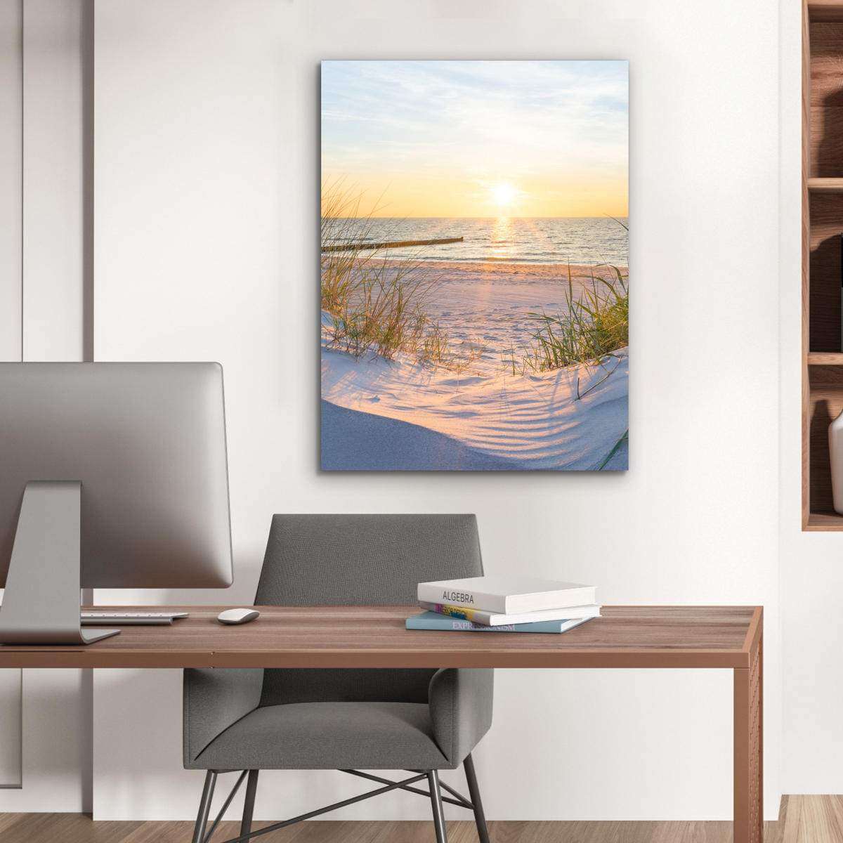 KOVOVÝ OBRAZ Pláž - Slnko - Duny - Tráva - Piesok - Horizont 60x80 cm - svetlomodrá, kov (60/80cm) - MuchoWow