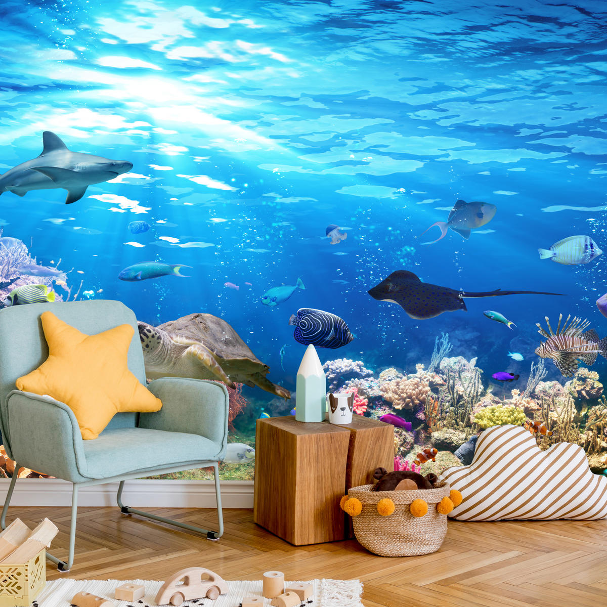 FOTOTAPETE für Badezimmer Korallenriff Schildkröte Hai Fisch 200x140 - Blau/Gelb, Papier (200/140cm) - Muralo