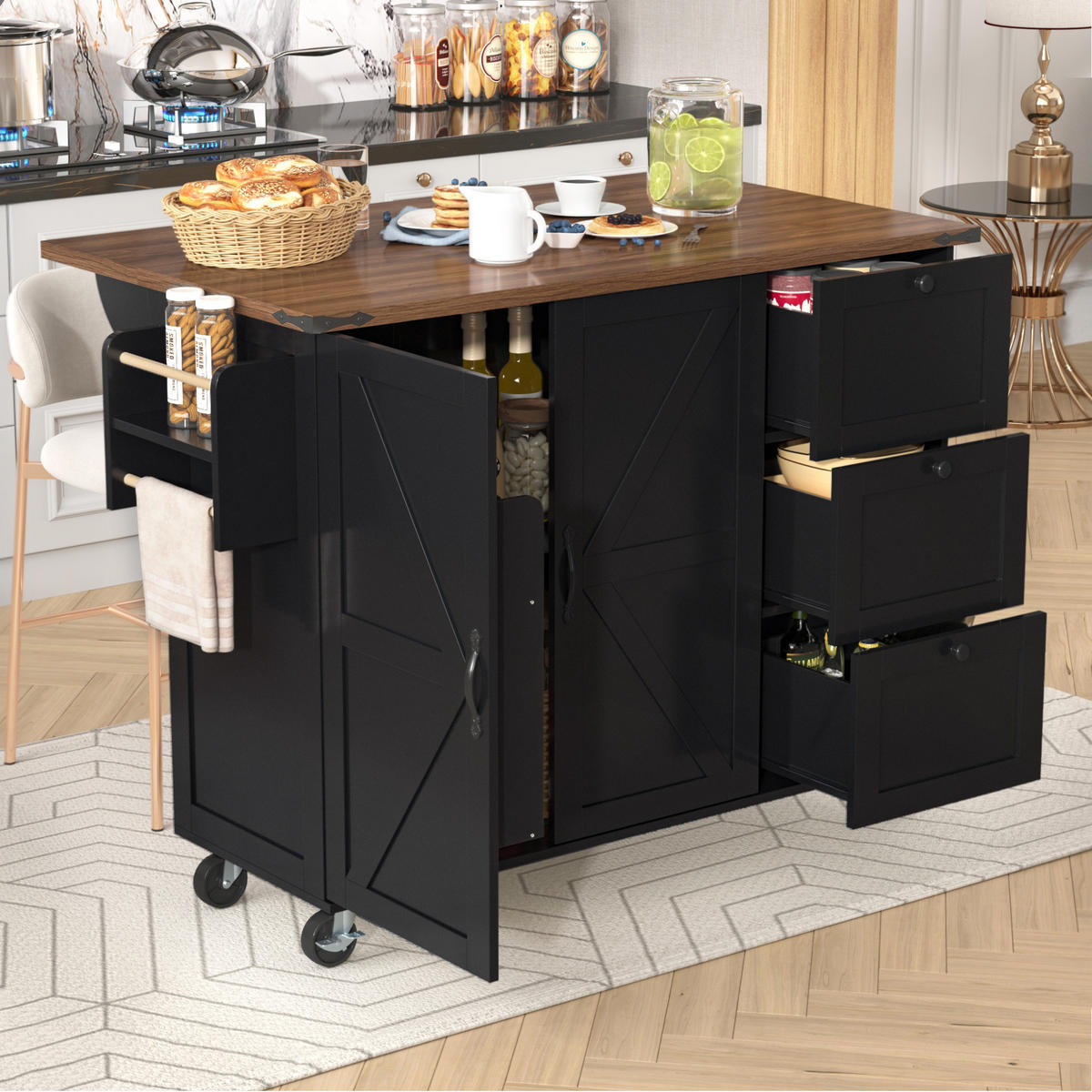 KÜCHENINSEL mit klappbarer Arbeitsplatte & Rollen, 140/45/73/92,5 cm, Schwarz - Schwarz, Holzwerkstoff (140/92.5/45cm) - Redom